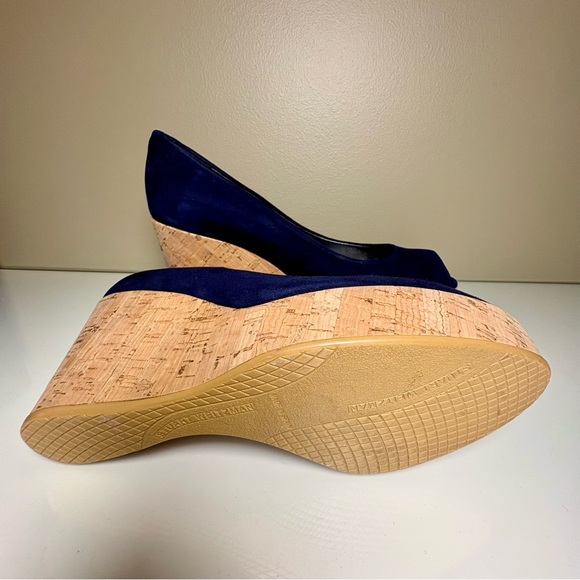 Stuart Weitzman Anna blue suede peep-toe platform cork wedge pumps Size 7.5 - Picture 4 of 9